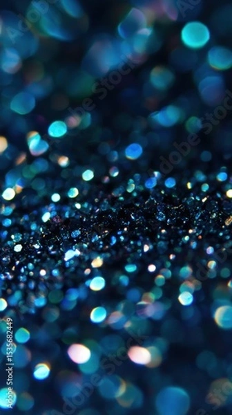 Obraz Macro texture of dark sparkling nail polish with shimmering blue and multicolor glitter under soft bokeh lighting