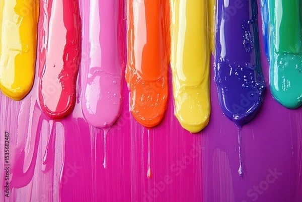 Obraz Glossy puddles of colorful nail polish dripping in vibrant rainbow hues on a smooth gradient background