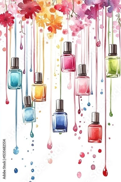Obraz Watercolor illustration of floating nail polish bottles with colorful drips and floral splashes on a white background