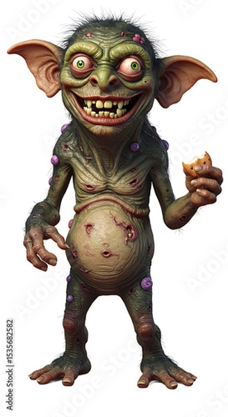 Fototapeta Illustration of a Creepy Goblin Holding a Cookie png, isolated on trasparent background