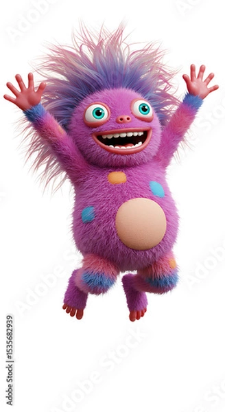 Fototapeta 3D Render of a Cheerful Cartoon Monster Jumping png, isolated on trasparent background