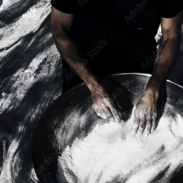 Fototapeta A man is making a dough with his hands in a bowl