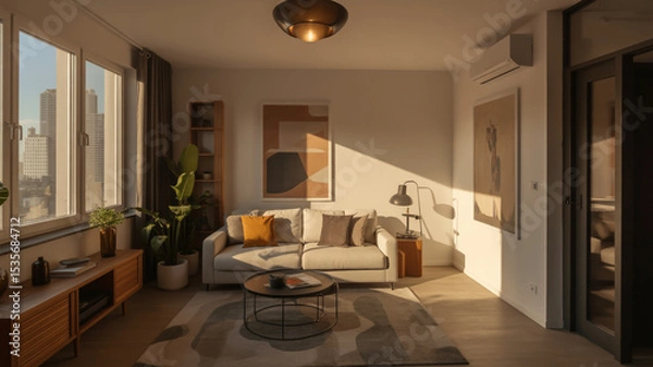 Fototapeta A modern living room bathed in sunlight with a couch, coffee table, and large windows inside