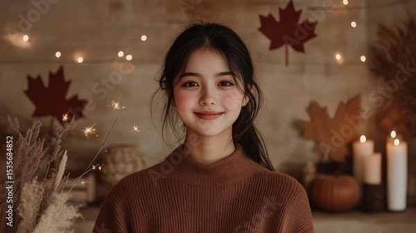 Fototapeta A woman is smiling in front of a wall with red leaves and candles