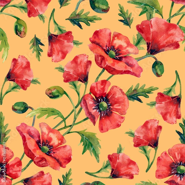 Fototapeta Elegant red poppies with buds on a background, seamless watercolor pattern.