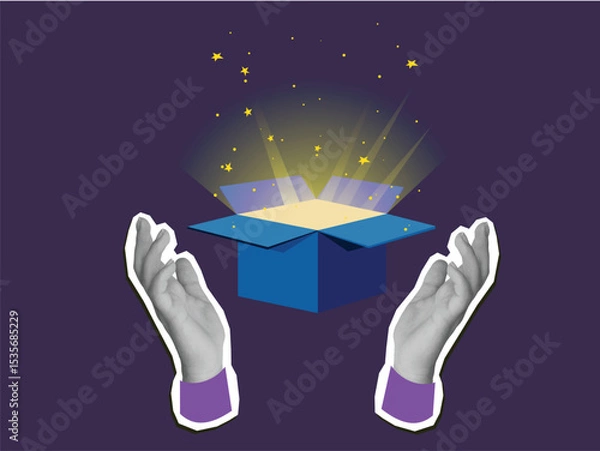 Fototapeta Black and white hands holds an opened box with light emanating from it. Modern photo collage style. Vector illustration