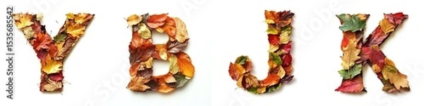 Fototapeta Colorful autumn leaves arranged to form letters Y, B, J, and K creatively showcase the beauty of nature