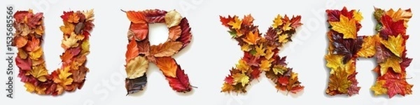 Fototapeta The letters U, R, X and H creatively formed with colorful fall leaves