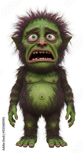 Fototapeta Illustration of a Sad, Crying Green Troll on Black Background png, isolated on trasparent background