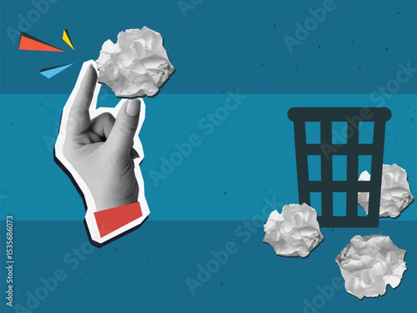 Fototapeta Black and white hand throws crumpled paper into trash can. Vector illustration in a modern collage style