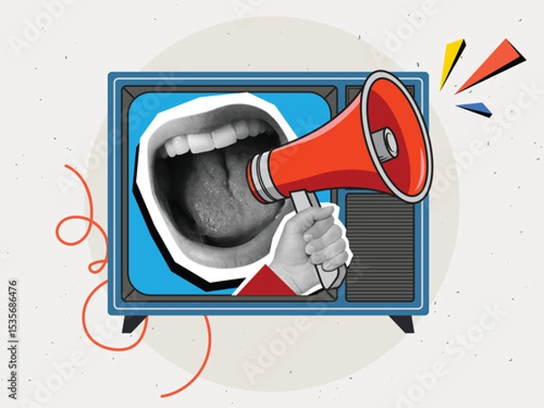 Fototapeta mouth screaming into a red megaphone from a retro TV screen. Intrusive advertising. Vintage electronics.Modern collage style. Vector illustration