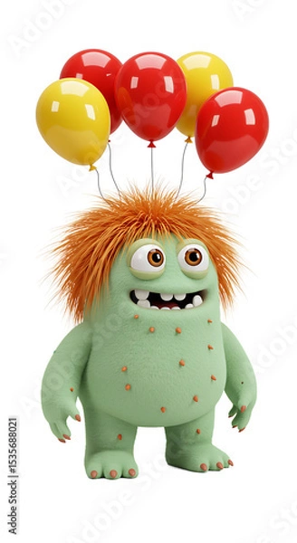 Fototapeta Illustration of Cute Cartoon Monster with Balloons on Black Background png, isolated on trasparent background