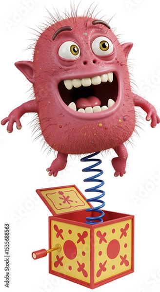 Fototapeta 3D Illustration: Pink Monster Jack-in-the-Box Character png, isolated on trasparent background