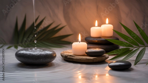 Fototapeta Still life of stones with water droplets candles and palm leaf creating a spa like atmosphere