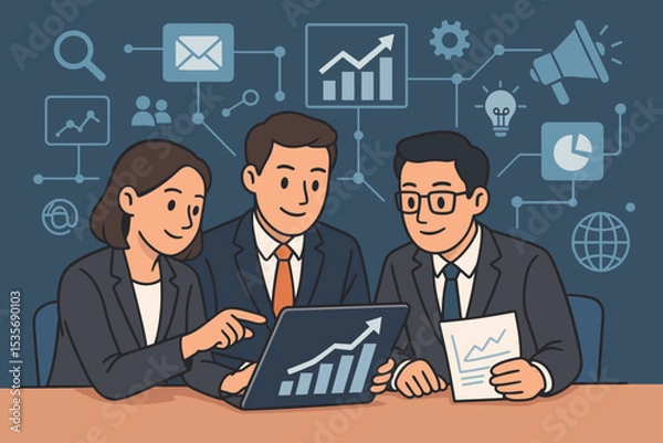 Fototapeta Business team meeting for digital marketing strategy. Colleagues analyzing data on a laptop. Corporate collaboration for growth and success. Concept of financial planning and analytics.