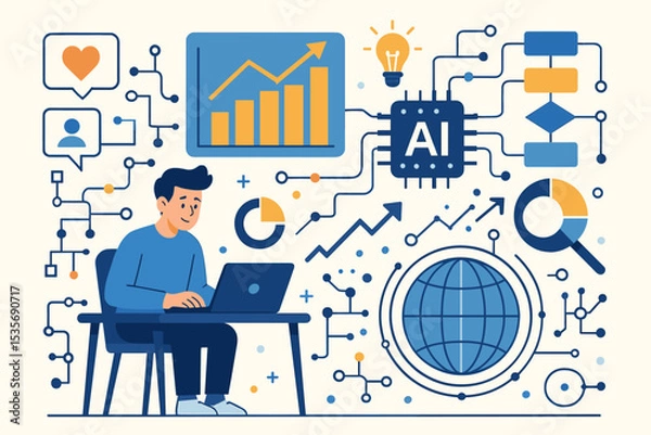Fototapeta Artificial intelligence concept with developer at laptop. Business data analysis, market research, and financial growth chart. Technology innovation, machine learning, big data infographic.