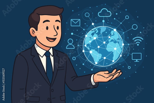 Fototapeta Businessman holding a global digital network. Concept of worldwide business, internet technology, communication. Man in suit with earth globe, cloud computing, data, wifi icons.