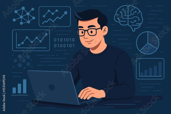 Fototapeta Programmer or data analyst man working on laptop with futuristic user interface. Concept for big data, AI, business intelligence, machine learning, financial and statistical analysis.