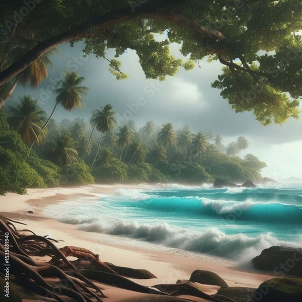Fototapeta Quartz sand beach on Cocos Island completely deserted emerald ju