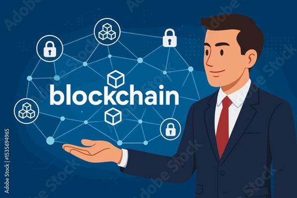Fototapeta Businessman explaining blockchain technology concept. Vector illustration of a decentralized network with digital block and security icons for finance, cryptocurrency, and fintech.
