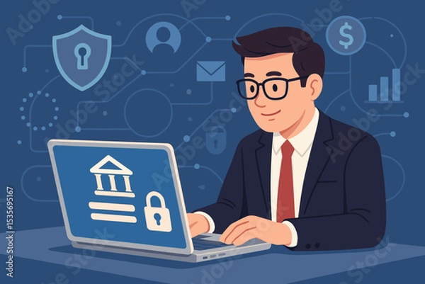 Obraz Businessman managing secure digital banking on laptop. Financial technology fintech concept with icons for data protection, investment, and cybersecurity. Online payment vector art.
