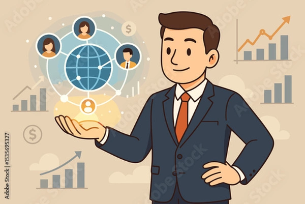 Fototapeta Businessman holding a glowing global network. Concept for international business management, financial investment, and successful strategy. Infographic with growth charts and money.