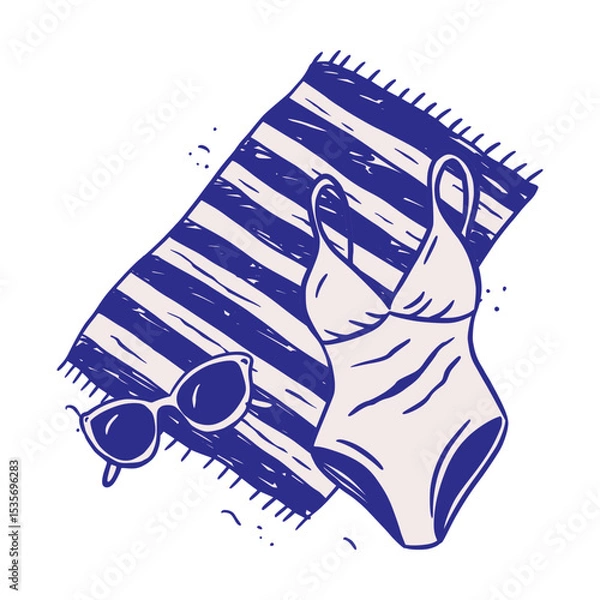 Fototapeta Swimsuit, Sunglasses And Towel On Beach Retro Sketch Whimsical Doodle Illustration