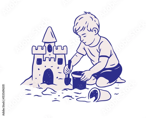 Fototapeta Boy Child Building Sandcastle Beach Kid Retro Sketch Whimsical Doodle Illustration