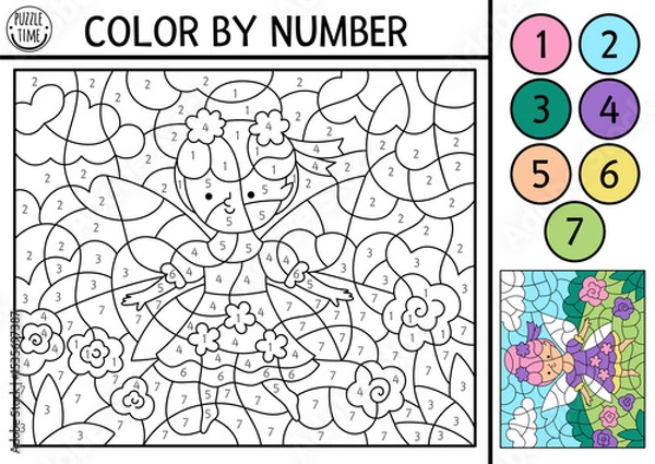 Fototapeta Vector fairyland color by number activity with flower fairy on the meadow. Magic forest landscape scene. Black and white counting game with cute fantasy girl. Fairytale coloring page for kids