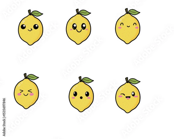 Obraz Vector illustration of cute lemon cartoon character isolated on white background. Fruit cartoon set with kawaii smiling emoji.