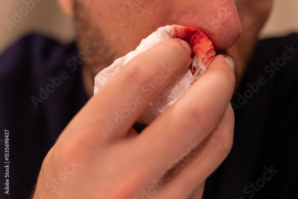 Fototapeta man applies tissue to nose to stop bleeding. nosebleed