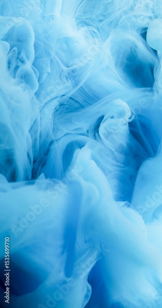 Fototapeta Color vapor. Ink shot. Blue curl pigment underwater dissolve. Haze liquid bright spray on cloud background abstract defocused flow.