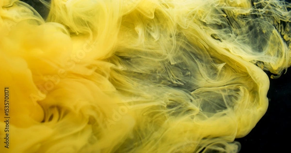 Fototapeta Mist wave. Fog ink swirl. Yellow paint blending in art defocused fluid. Stream color pigment curl explosion abstract black background.