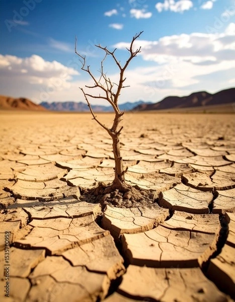 Obraz global warming; dry tree branch, desert landscape