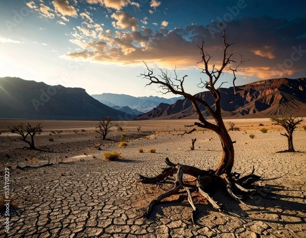 Obraz global warming; dry tree branch, desert landscape