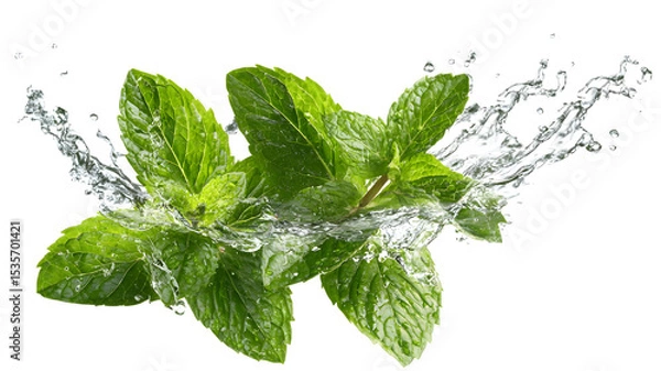 Fototapeta Fresh mint sprigs with splashing water a refreshing culinary and beverage ingredient healthy herb concept isolated on white background