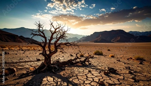 Obraz global warming; dry tree branch, desert landscape