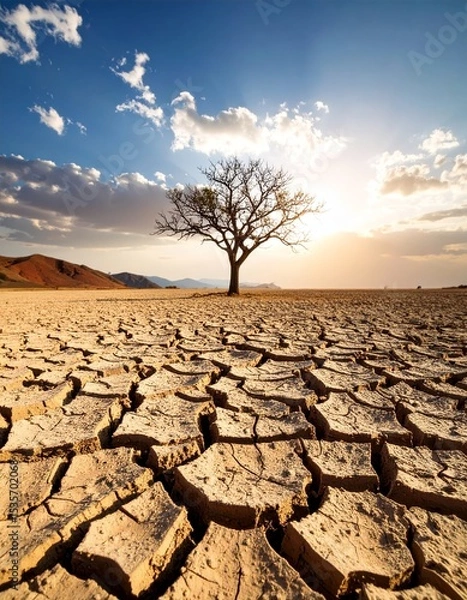 Obraz global warming; dry tree branch, desert landscape