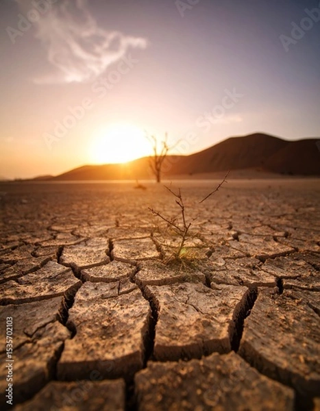 Obraz global warming; dry tree branch, desert landscape