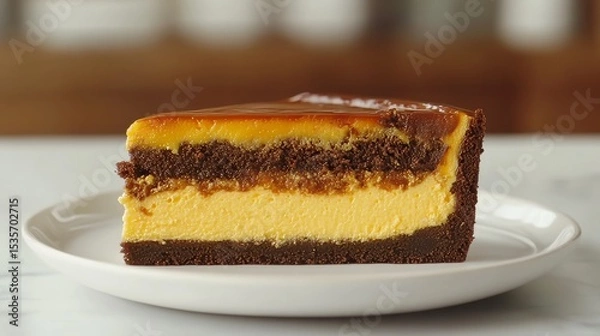 Fototapeta A white background provides the setting for a slice of classic New York cheesecake, complete with a golden crust