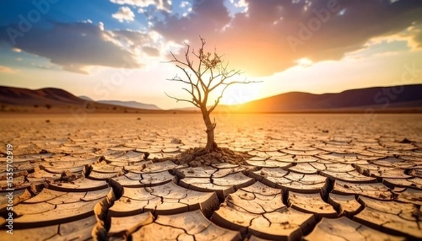 Obraz global warming; dry tree branch, desert landscape