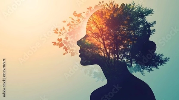 Fototapeta Nature-filled profile silhouette representing the connection between mind and planet