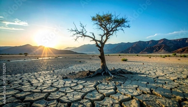 Obraz global warming; dry tree branch, desert landscape