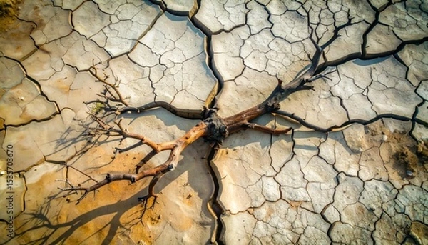 Obraz global warming; dry tree branch, desert landscape