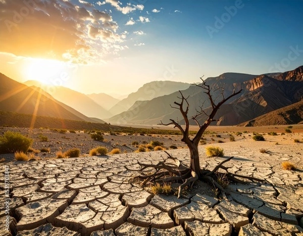 Obraz global warming; dry tree branch, desert landscape