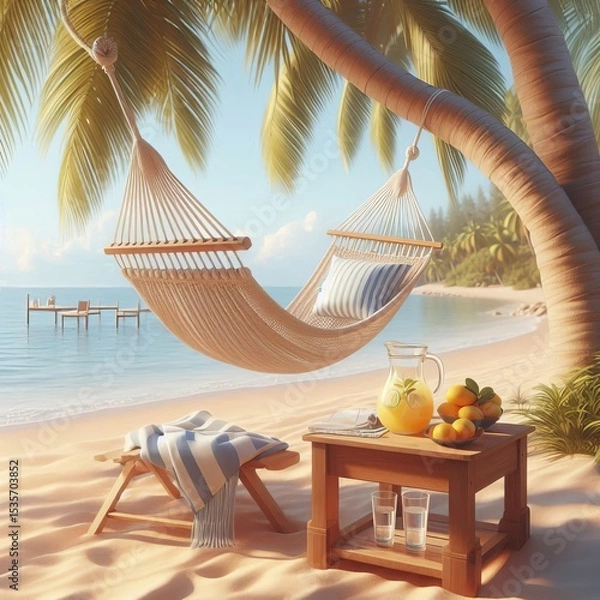 Fototapeta A peaceful empty beach with a hammock strung between two palm tr