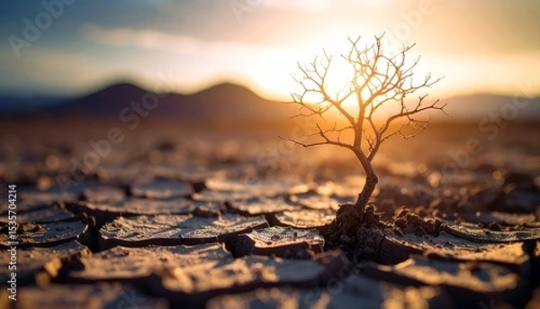Obraz global warming; dry tree branch, desert landscape