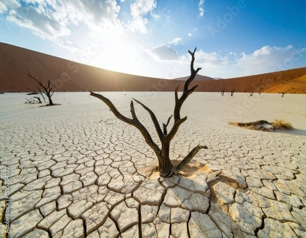 Obraz global warming; dry tree branch, desert landscape