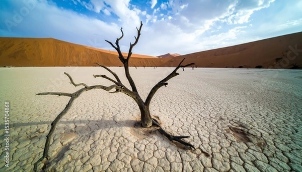 Obraz global warming; dry tree branch, desert landscape