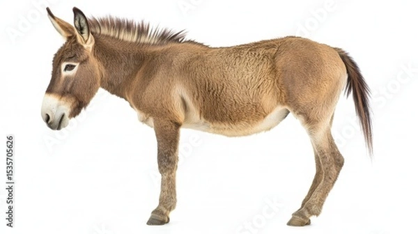 Fototapeta Captured in profile, the adult donkey displays a strong and muscular build, standing out against a simple white background